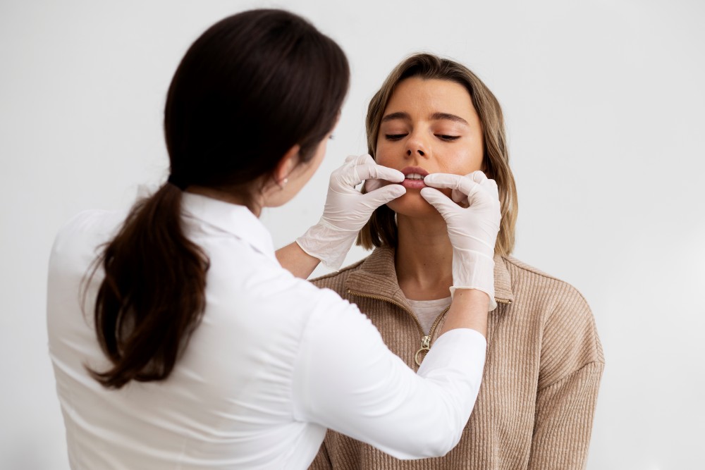 Profesional de Infinity Clinic analizando meticulosamente los labios de una paciente antes de someterse a tratamiendo de relleno de labios