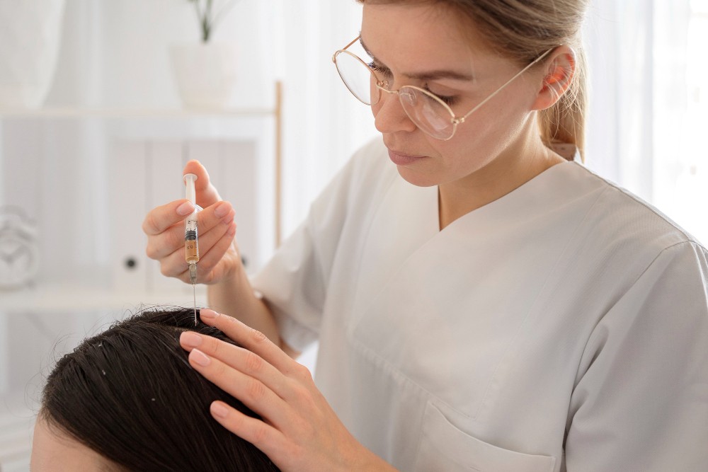 Profesional de Infinity Clinic aplicando PRP capilar a paciente