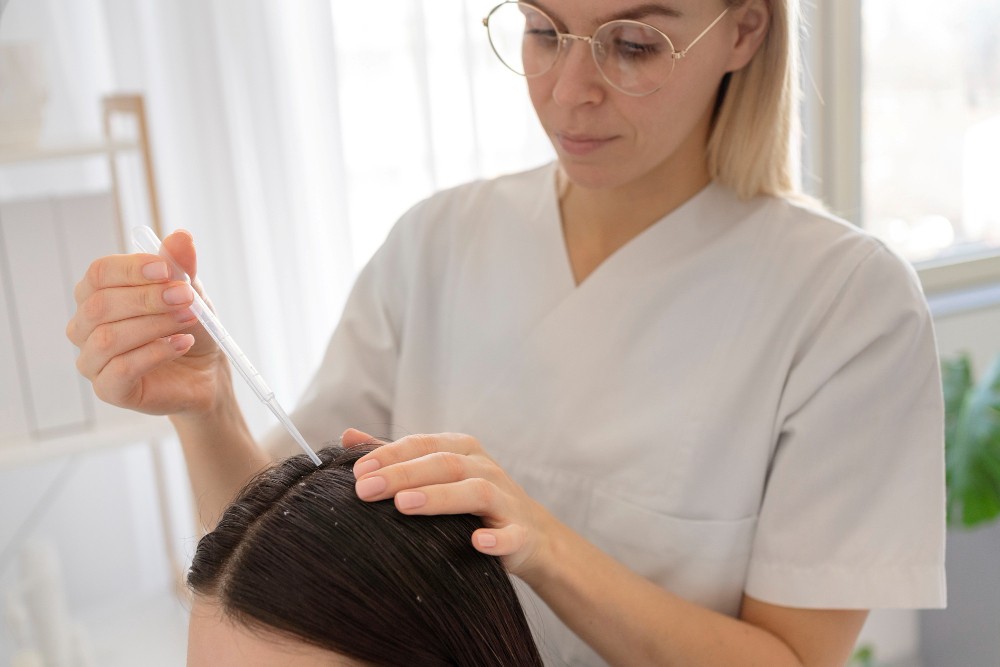 Staff de Infinity Clinic aplicando tratamiento de mesoterapia capilar con biotina a paciente