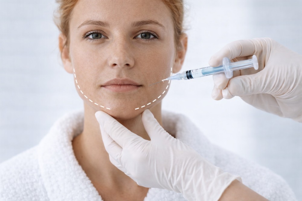 Mujer joven, lista para recibir inyección de ácido hialurónico en Infinity Clinic